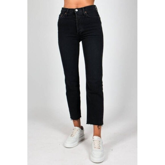 RE/DONE Womens Jeans Size 28 Black Wash High Rise Straight 70s Stove Pipe Frayed - Picture 1 of 8